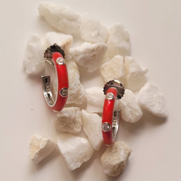 Red Enamel Hoops / Huggies Earrings W cz on silver - Picture 5 of 7